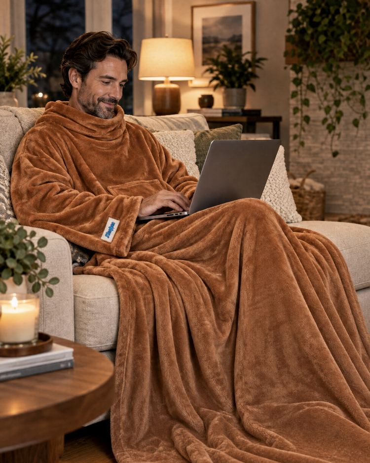 Man working on a laptop on a sofa in a Mocha Mousse Slanket, candle on the table beside him