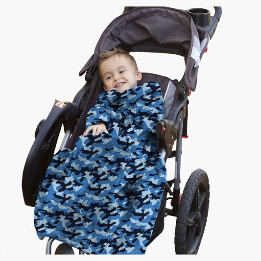 The Stroller Slanket - The Original Blanket with Sleeves. Kid in a stroller wrapped up in the luxurious material to stay warm on chilly evening or morning walks