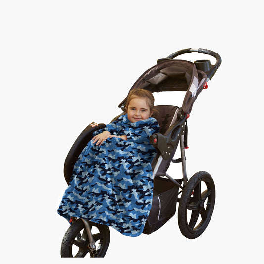 The Stroller Slanket - The Original Blanket with Sleeves. Kid in a stroller wrapped up in the luxurious material to stay warm on chilly evening or morning walks