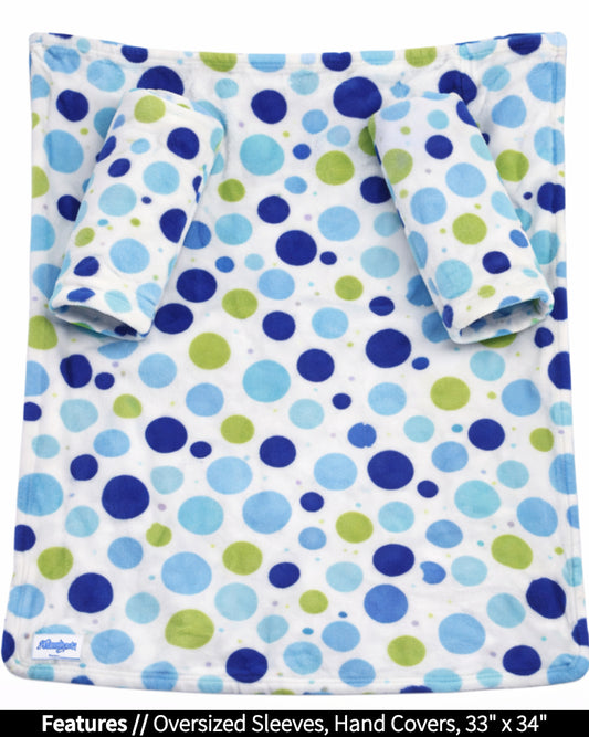 Product Image of the front of Stroller Slanket laid out flat. Showing the sleeves and listing the features of oversized sleeves and the dimensions of 26 inches wide by 27 inches long