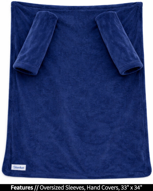 Product Image of the front of Stroller Slanket laid out flat. Showing the sleeves and listing the features of oversized sleeves and the dimensions of 33 inches wide by 44 inches long