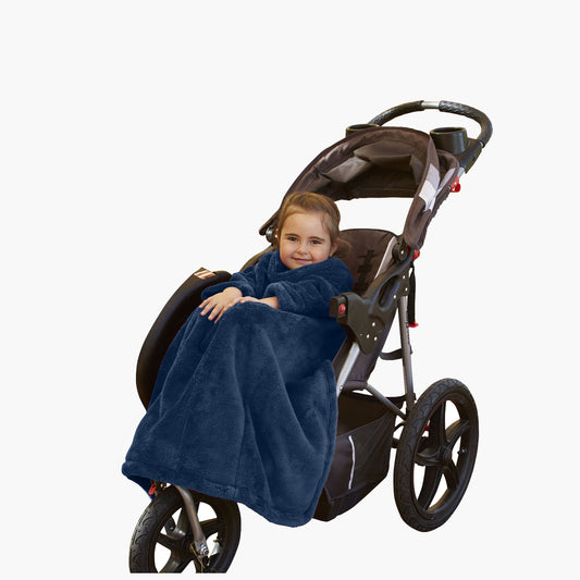 The Stroller Slanket - The Original Blanket with Sleeves. Kid in a stroller wrapped up in the luxurious material to stay warm on chilly evening or morning walks