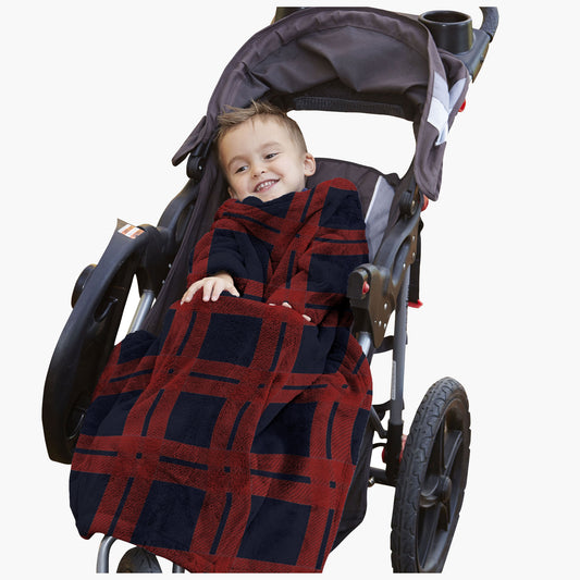 The Stroller Slanket - The Original Blanket with Sleeves. Kid in a stroller wrapped up in the luxurious material to stay warm on chilly evening or morning walks