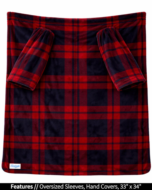 Product Image of the front of Stroller Slanket laid out flat. Showing the sleeves and listing the features of oversized sleeves and the dimensions of 33 inches wide by 44 inches long