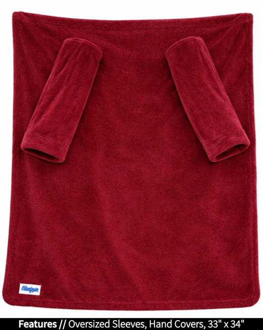 Product Image of the front of Stroller Slanket laid out flat. Showing the sleeves and listing the features of oversized sleeves and the dimensions of 33 inches wide by 44 inches long