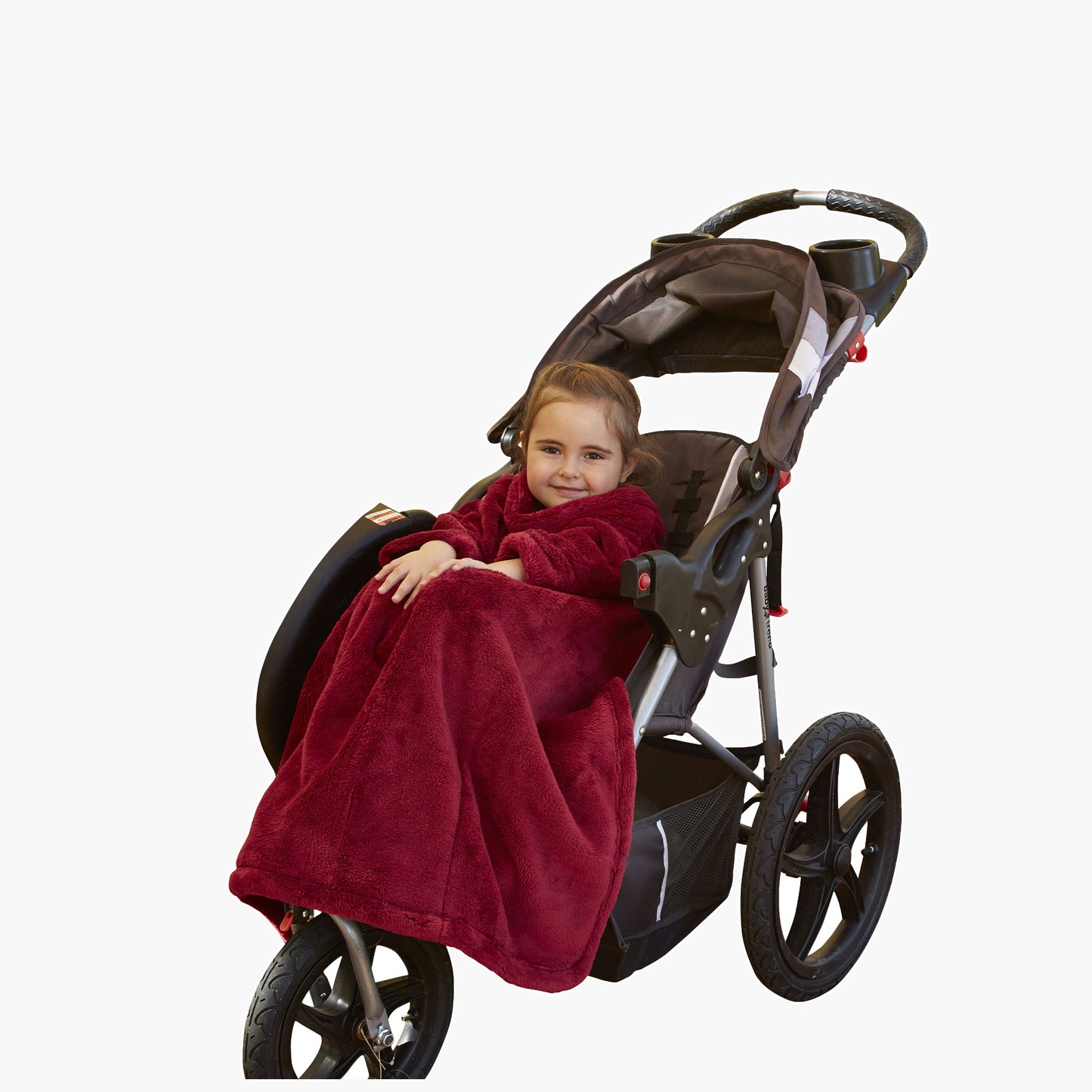 The Stroller Slanket - The Original Blanket with Sleeves. Kid in a stroller wrapped up in the luxurious material to stay warm on chilly evening or morning walks