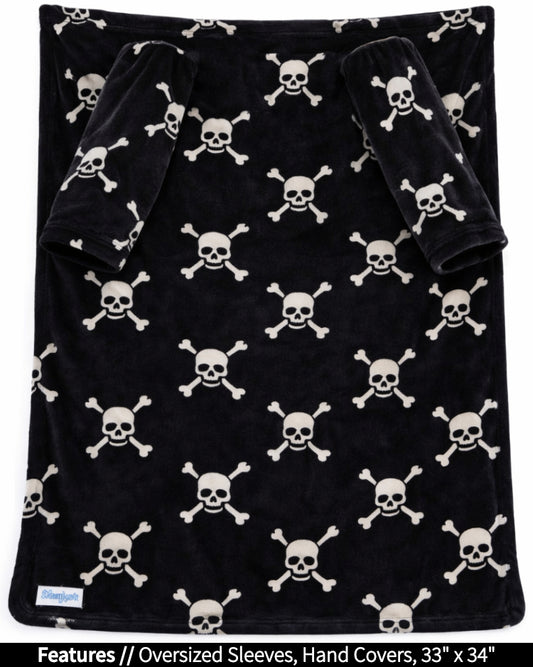 Product Image of the front of Stroller Slanket laid out flat. Showing the sleeves and listing the features of oversized sleeves and the dimensions of 33 inches wide by 44 inches long