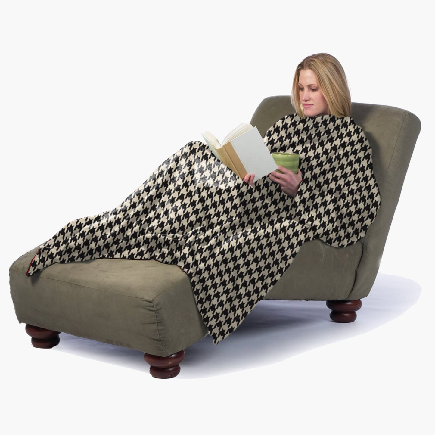 The Ultimate Slanket - The Original Blanket with Sleeves. Women using it while sitting in chaise lounge reading a book and drinking tea