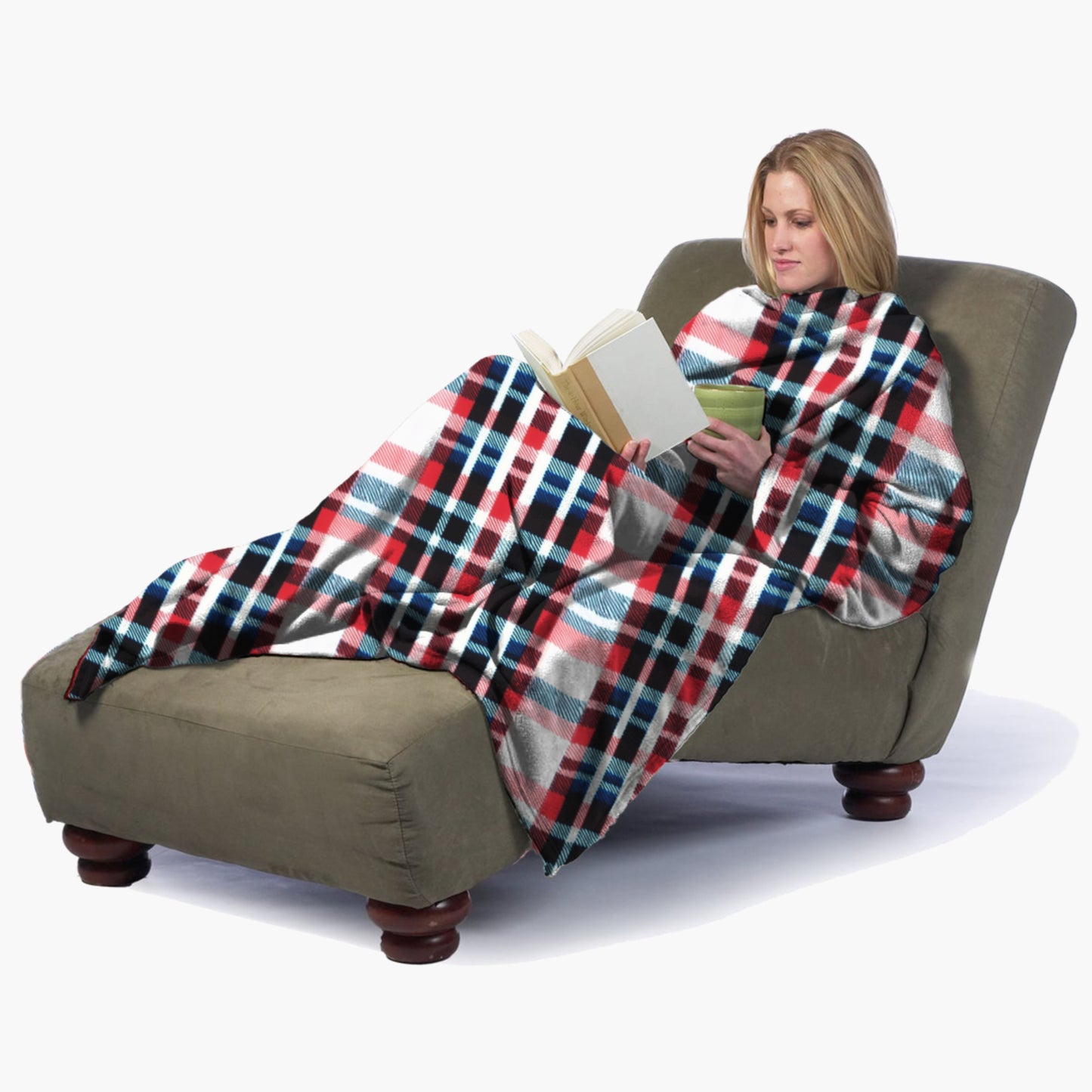 The Ultimate Slanket - The Original Blanket with Sleeves. Women using it while sitting in chaise lounge reading a book and drinking tea