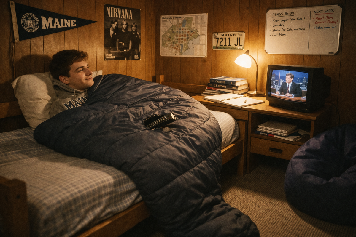Person lying in bed under in a sleeping bag in a room with a TV, books, and posters on the wall. Remote is poking out of a hole in the sleeping bag.