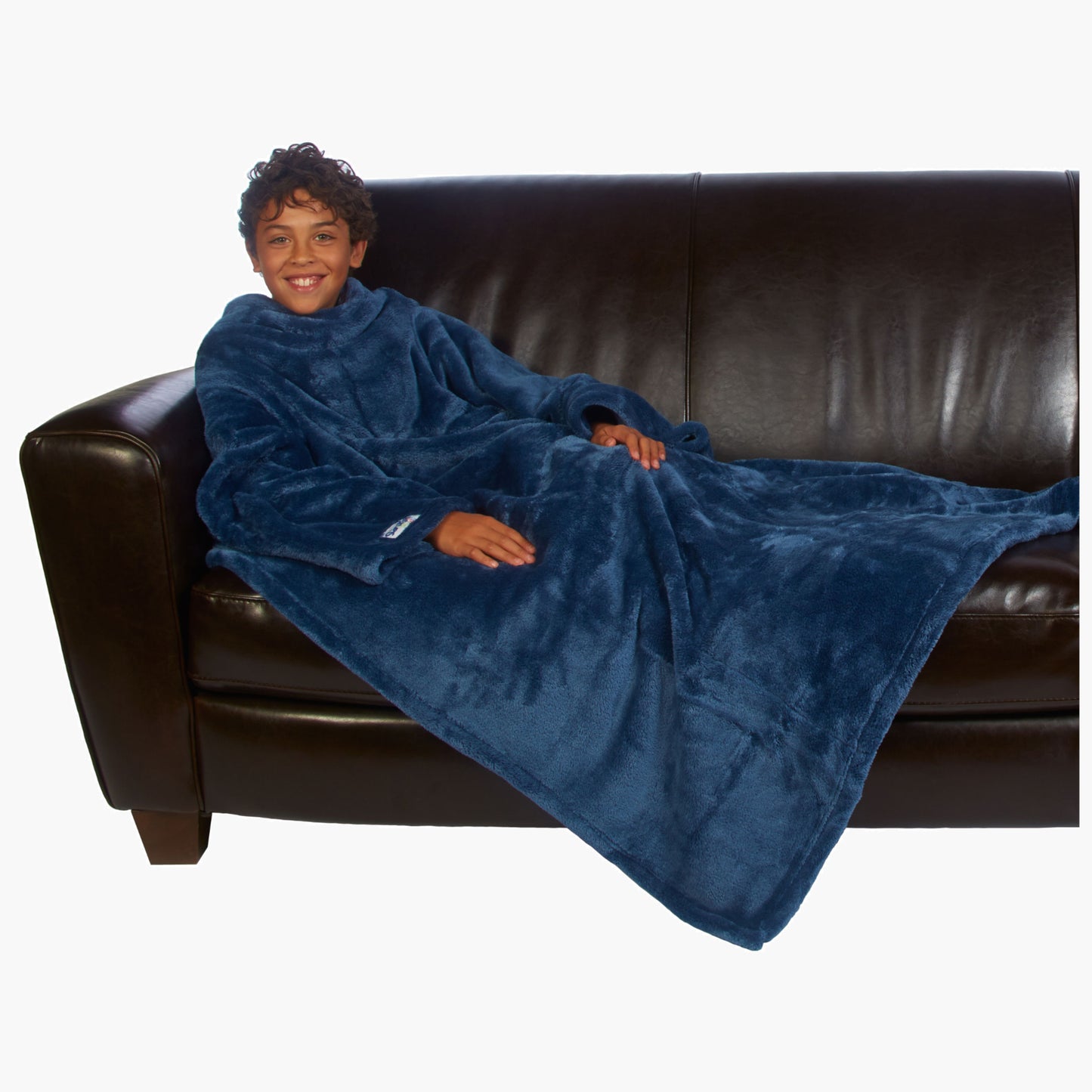 Ultimate Kids Slanket - The Original Blanket with Sleeves shown being used by a kid on a couch