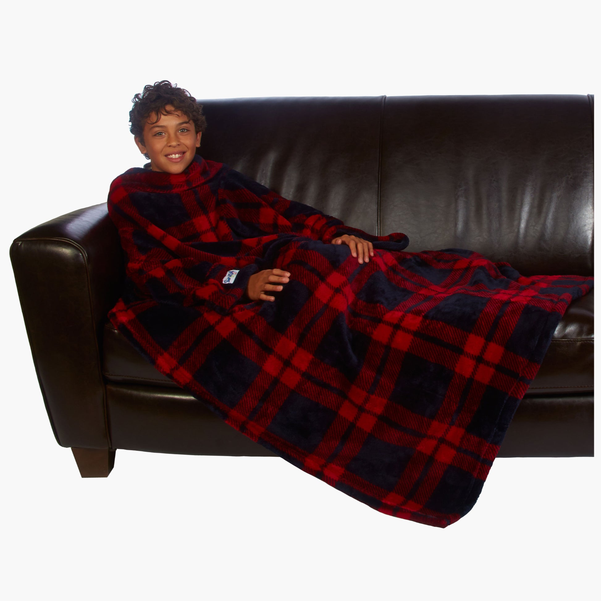 Ultimate Kids Slanket - The Original Blanket with Sleeves shown being used by a kid on a couch