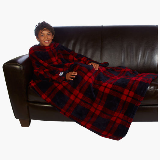 Ultimate Kids Slanket - The Original Blanket with Sleeves shown being used by a kid on a couch