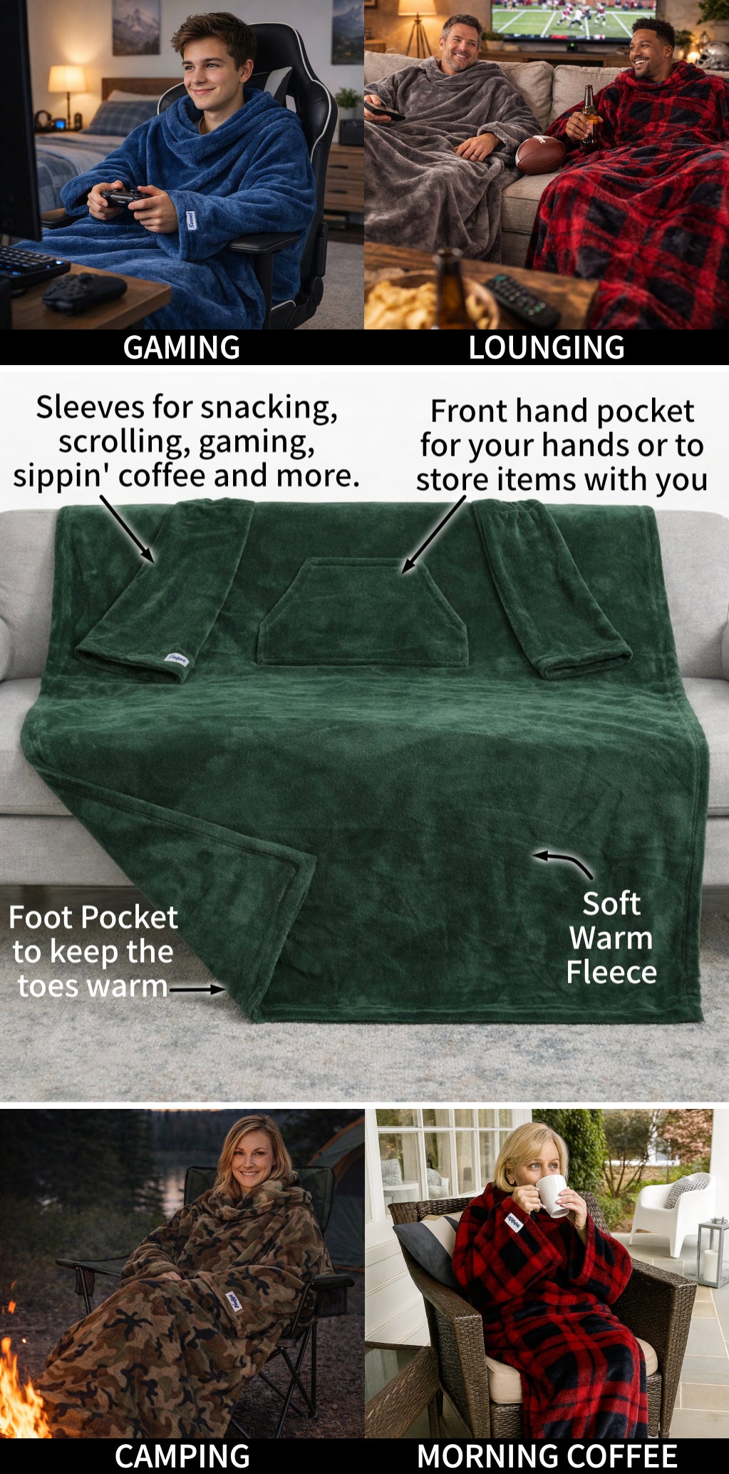The main features and uses of Ultimate Slanket. Use it while gaming, lounging with friends, camping, morning coffee. Soft warm fleece, a foot pocket, hand pocket and two sleeves to use your hands