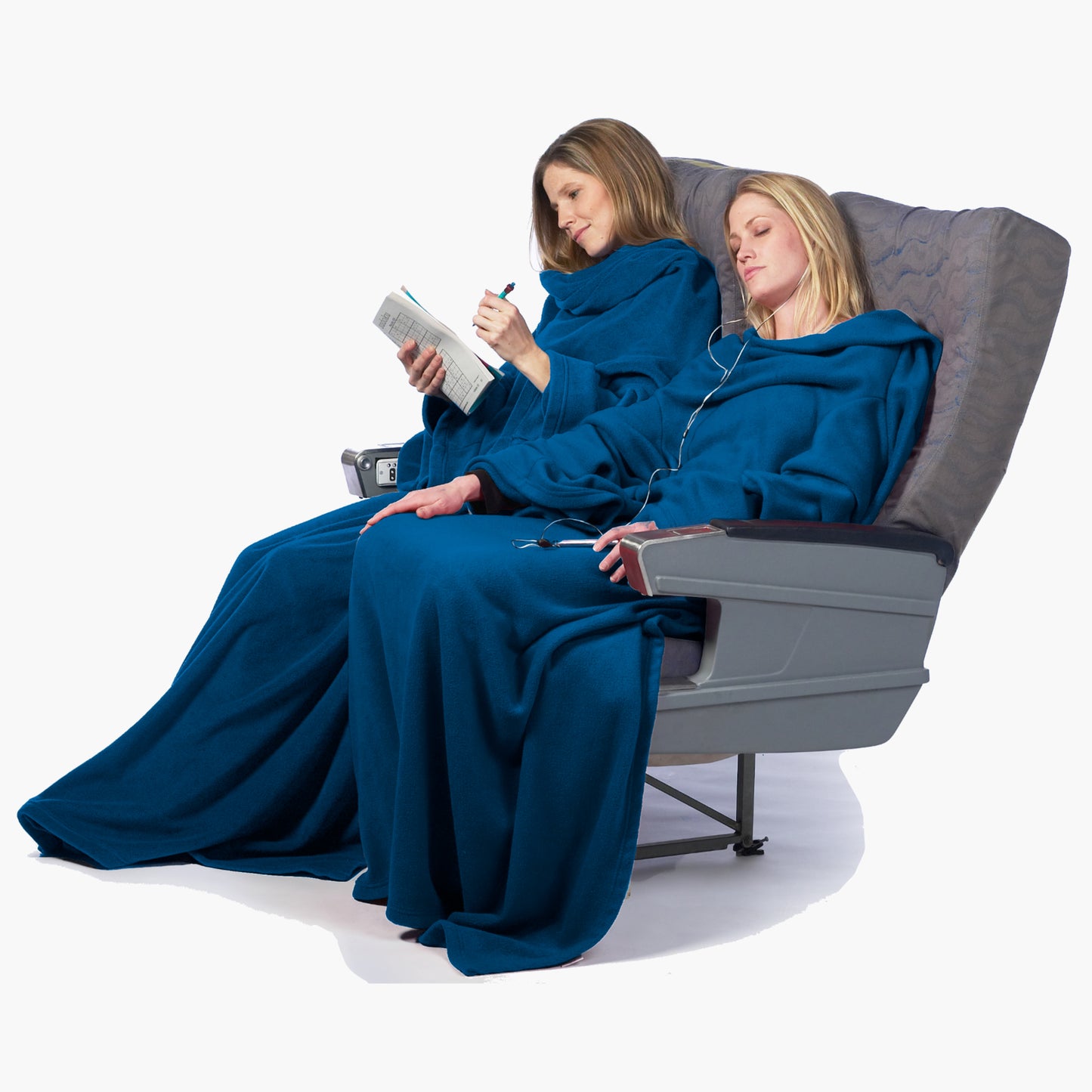Slanket Siamese - The Original Blanket with Sleeves shown being used by a two women in airplane chairs
