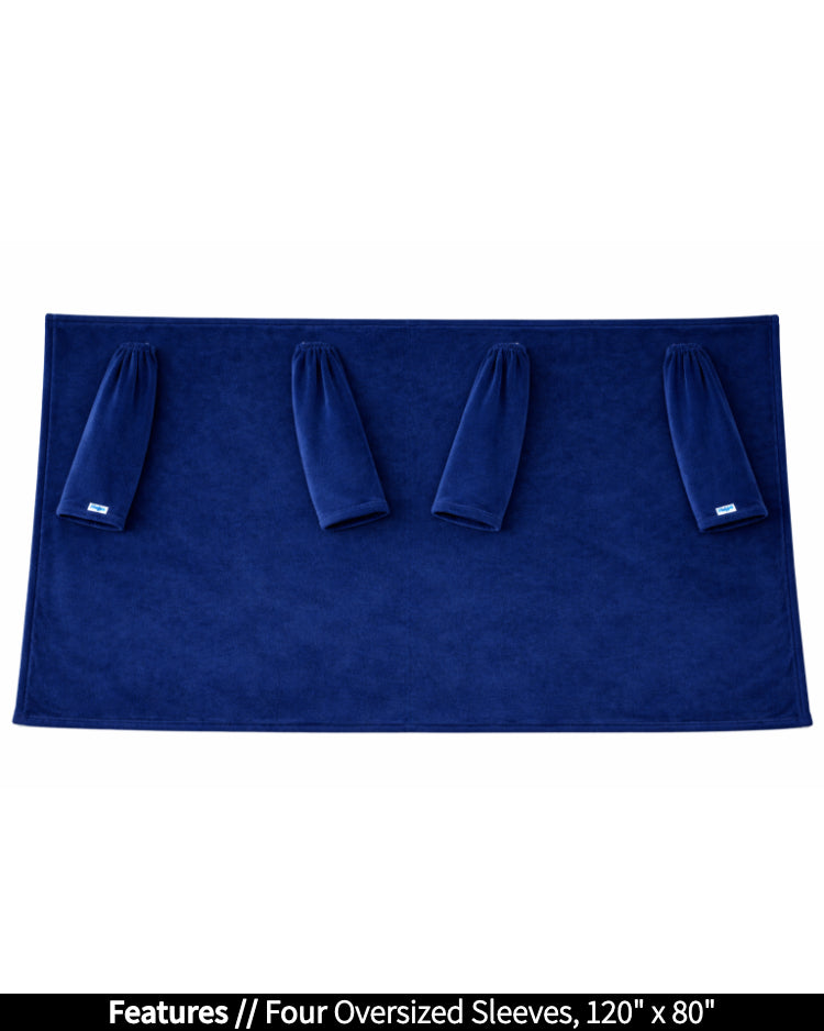 Product Image of the front of Slanket Siamese laid out flat. Showing the four sleeves and listing the features of oversized sleeves and the dimensions of 120 inches wide by 80 inches long