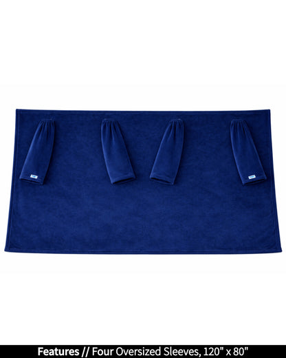 Product Image of the front of Slanket Siamese laid out flat. Showing the four sleeves and listing the features of oversized sleeves and the dimensions of 120 inches wide by 80 inches long