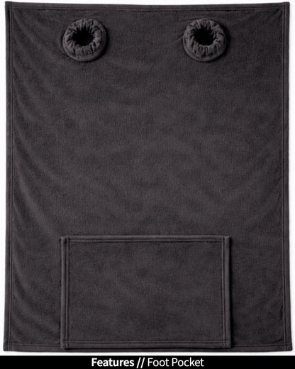 Black Slanket laid flat, back view, showing the sleeve openings and built-in foot pocket