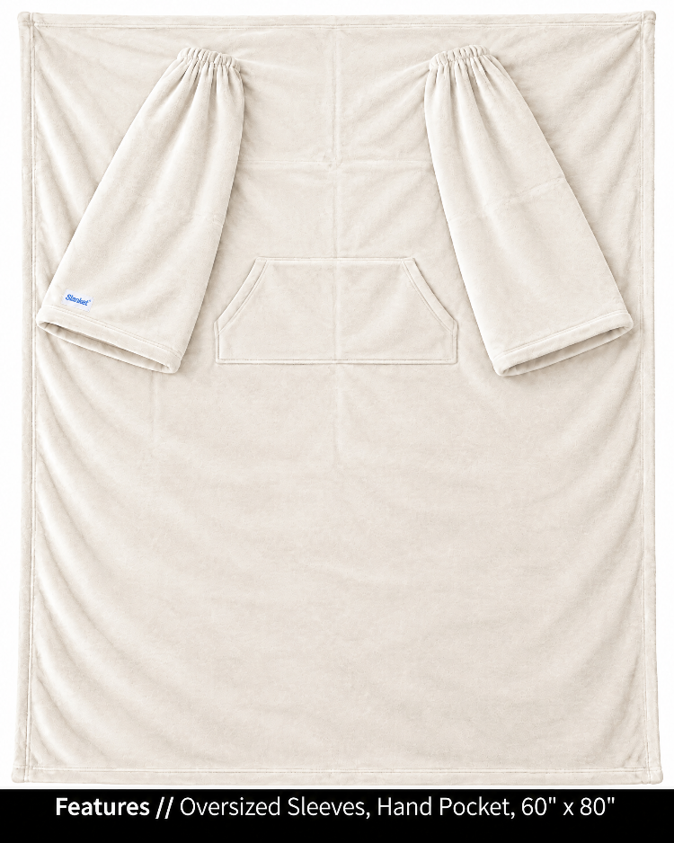 Cloud Dancer Slanket laid flat, front view, with callouts for oversized sleeves and hand pocket, 60 x 80 in