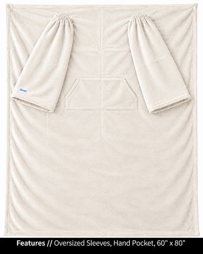 Cloud Dancer Slanket laid flat, front view, with callouts for oversized sleeves and hand pocket, 60 x 80 in