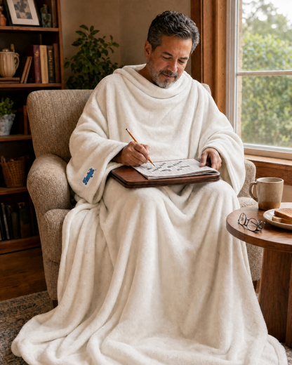 Man writing in a notebook in an armchair in a Cloud Dancer Slanket