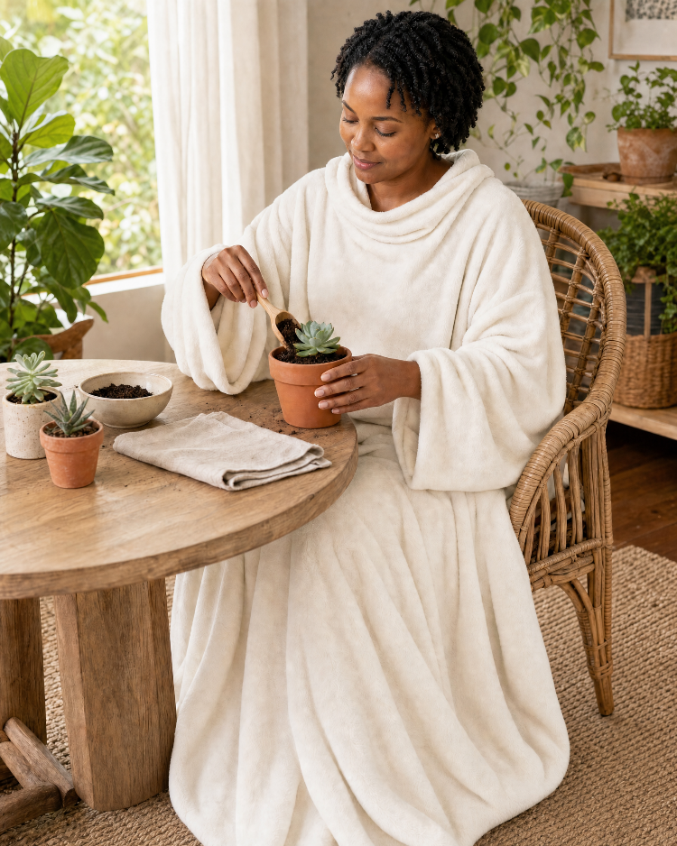 Woman in a Cloud Dancer Slanket potting a small plant at a round wooden table