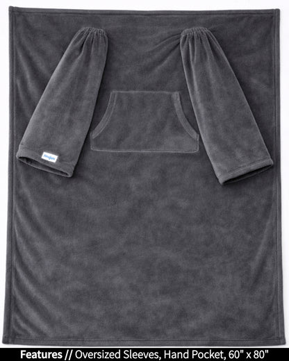 Gray Slanket laid flat, front view, with callouts for oversized sleeves and hand pocket, 60 x 80 in