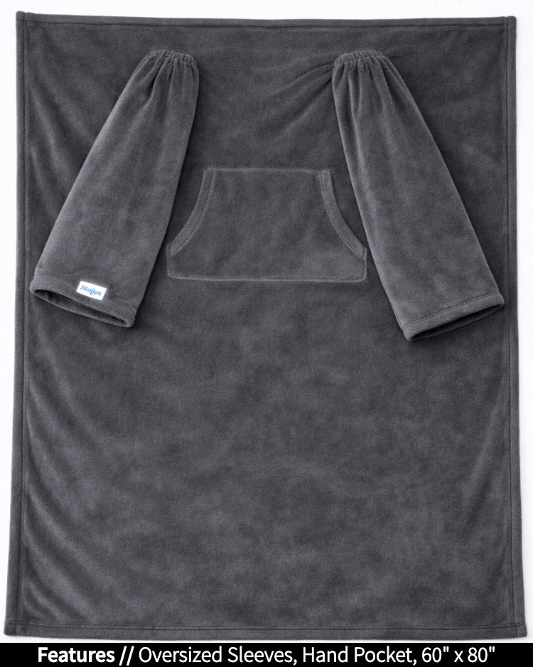 Gray Slanket laid flat, front view, with callouts for oversized sleeves and hand pocket, 60 x 80 in