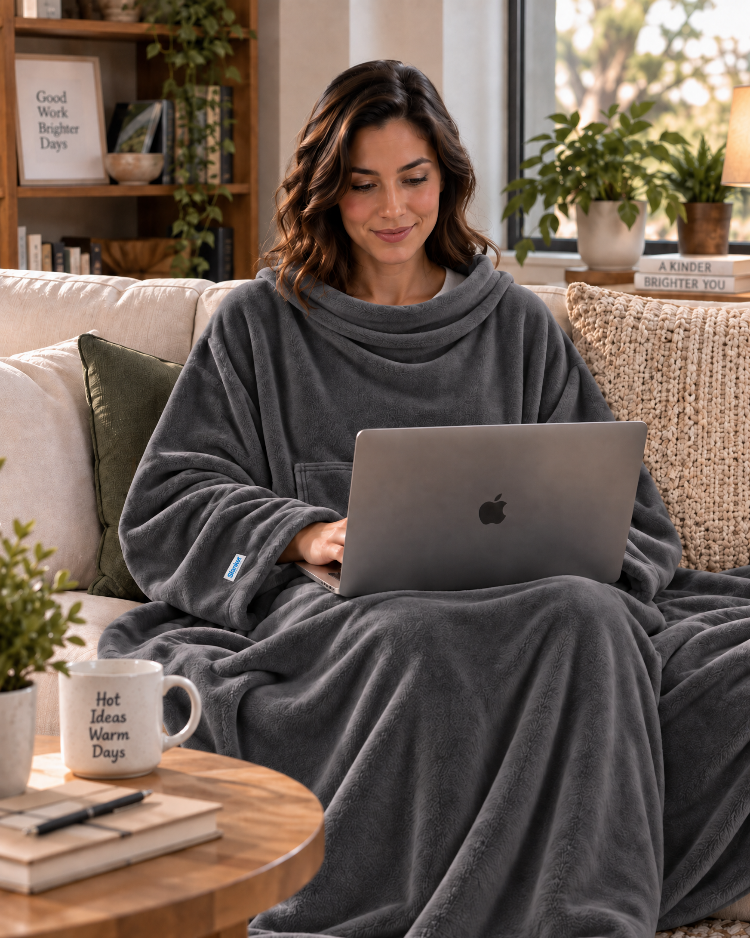 Woman in a Gray Slanket working on a laptop in an armchair, mug and books on the table