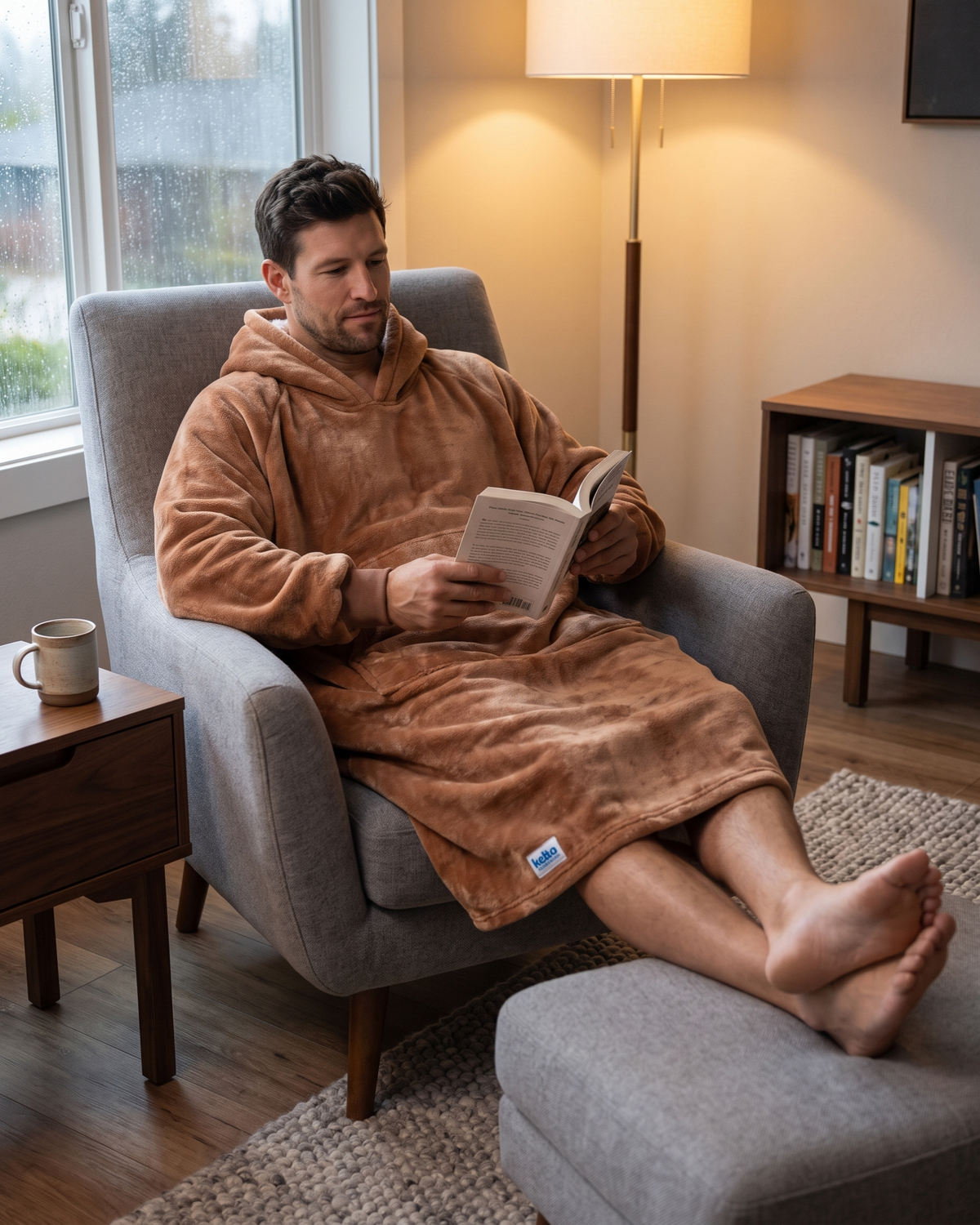 Man reading in an armchair in a Mocha Mousse Slanket Long Hoodie