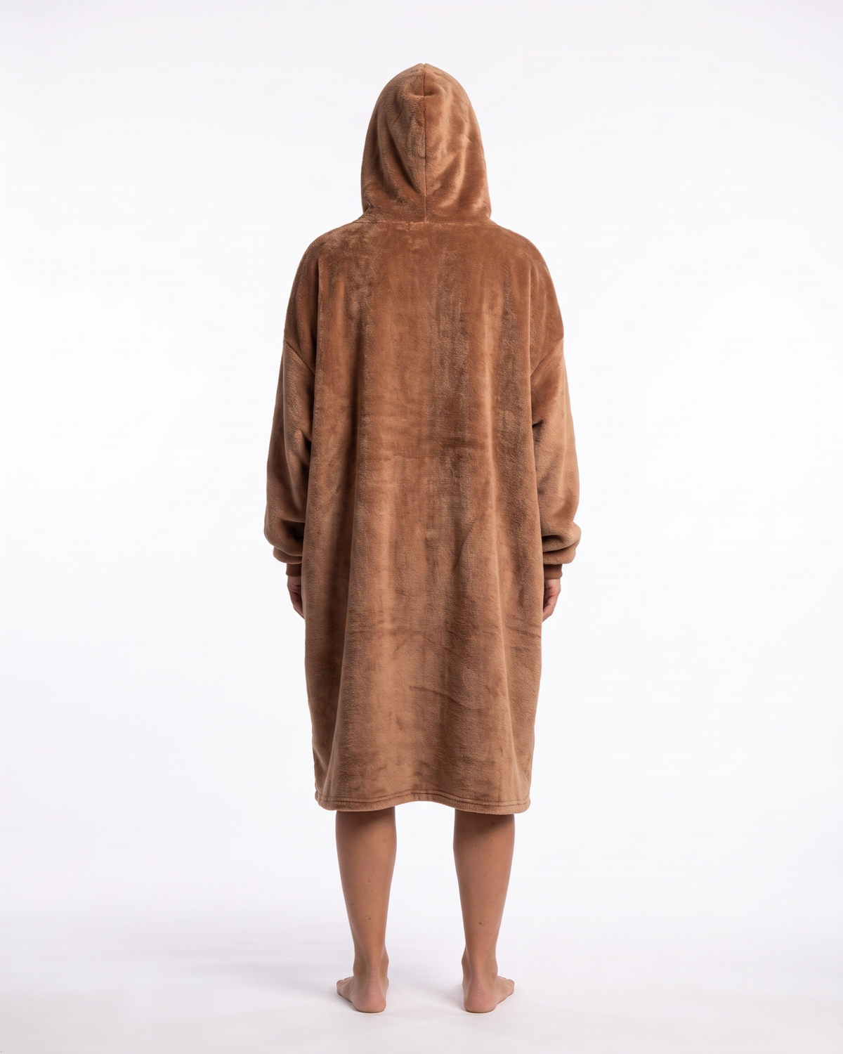 Back view of a woman wearing a Mocha Mousse Slanket Long Hoodie with the hood up