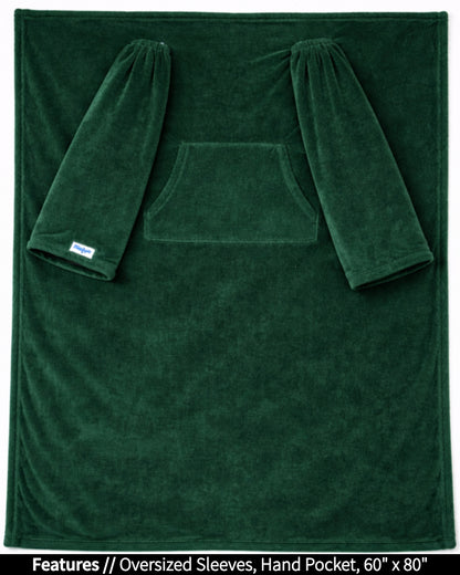 Hunter Green Slanket laid flat, front view, with callouts for oversized sleeves and hand pocket, 60 x 80 in
