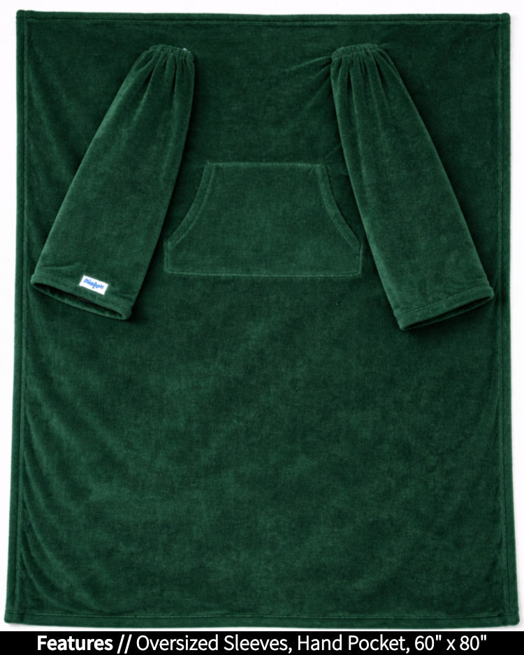 Hunter Green Slanket laid flat, front view, with callouts for oversized sleeves and hand pocket, 60 x 80 in