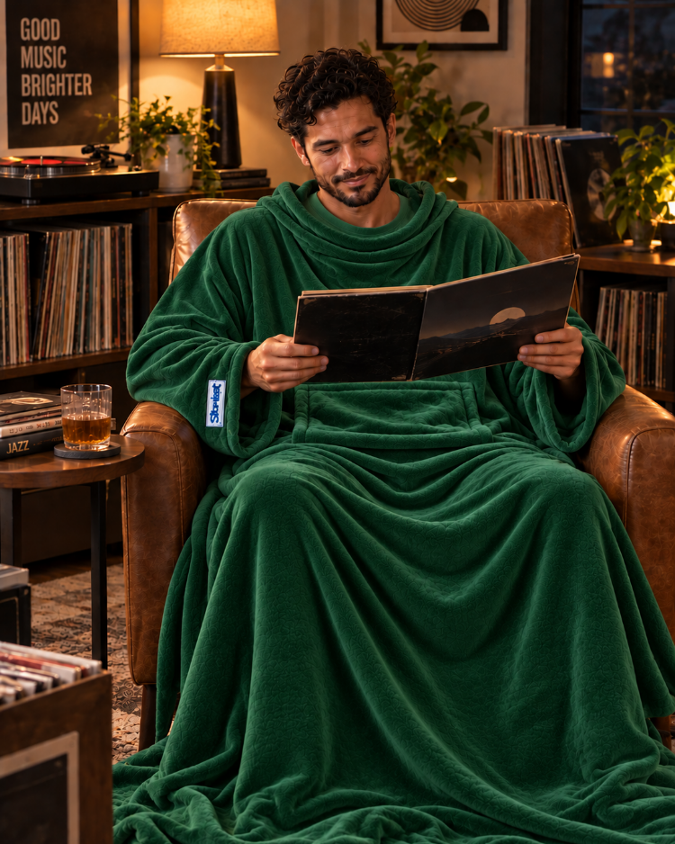 Man reading a large book in an armchair wearing a Hunter Green Slanket