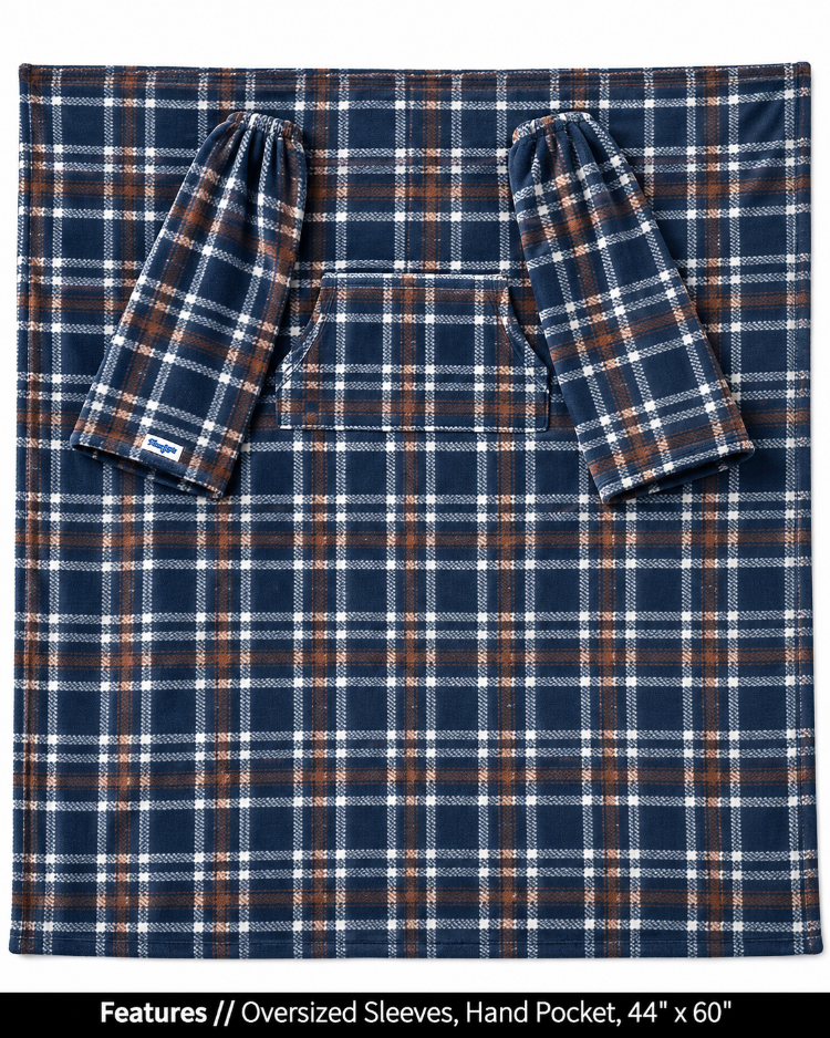 Nor'easter Plaid Slanket Jr. laid flat, front view, with callouts for oversized sleeves and hand pocket