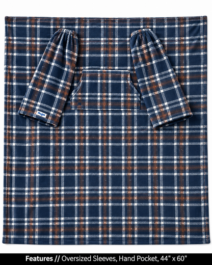Nor'easter Plaid Slanket Jr. laid flat, front view, with callouts for oversized sleeves and hand pocket