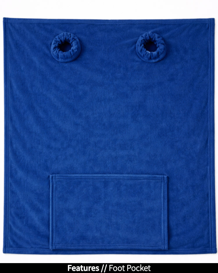 Dark Blue Slanket Jr. laid flat, back view, showing the sleeve openings and built-in foot pocket