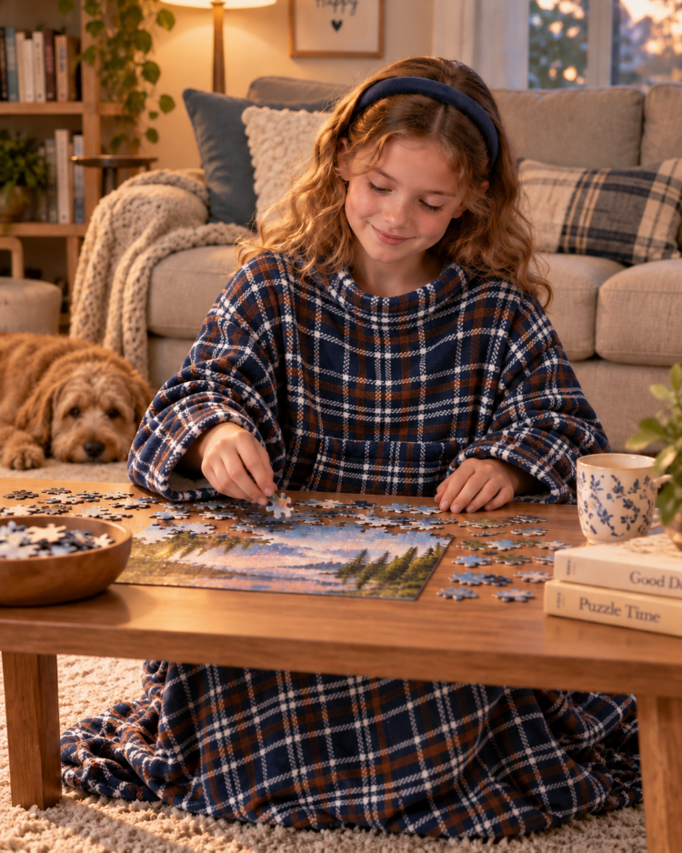 Girl working on a puzzle at a table in a Nor'easter Plaid Slanket Jr., a dog beside her
