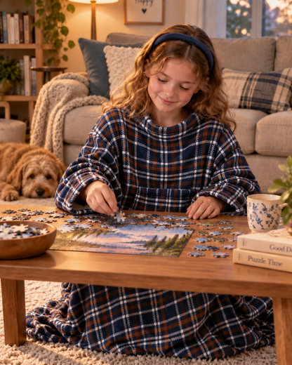 Girl working on a puzzle at a table in a Nor'easter Plaid Slanket Jr., a dog beside her