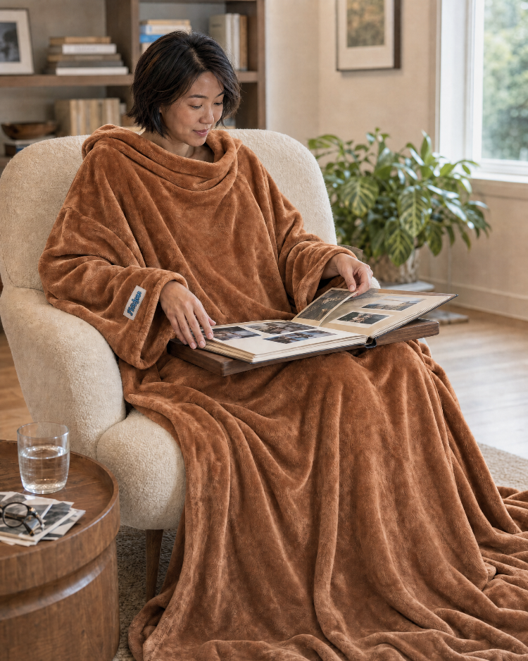 Woman reading a book at a table in a Mocha Mousse Slanket