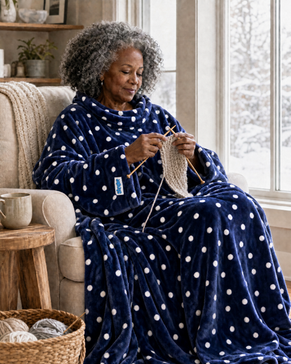 Woman knitting by a window in a Navy Polka Slanket