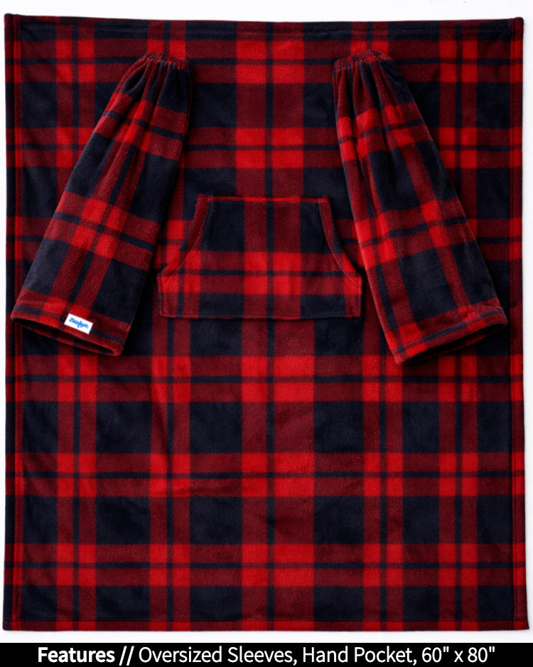 Plaid Slanket laid flat, front view, with callouts for oversized sleeves and hand pocket, 60 x 80 in