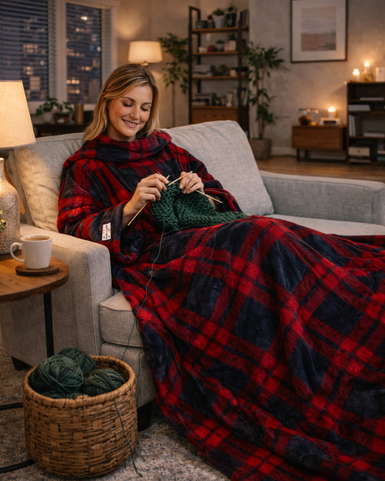Woman relaxing on a sofa in a Plaid Slanket, sleeves on, with a lamp and window behind her