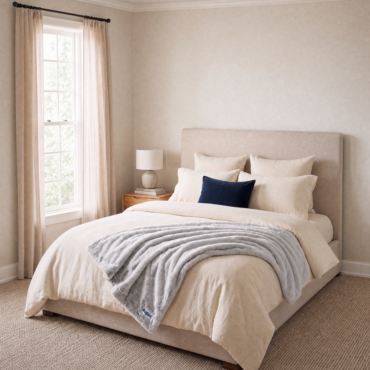 Slanket Rogue plush throw in Ghost light gray folded across the foot of a made bed