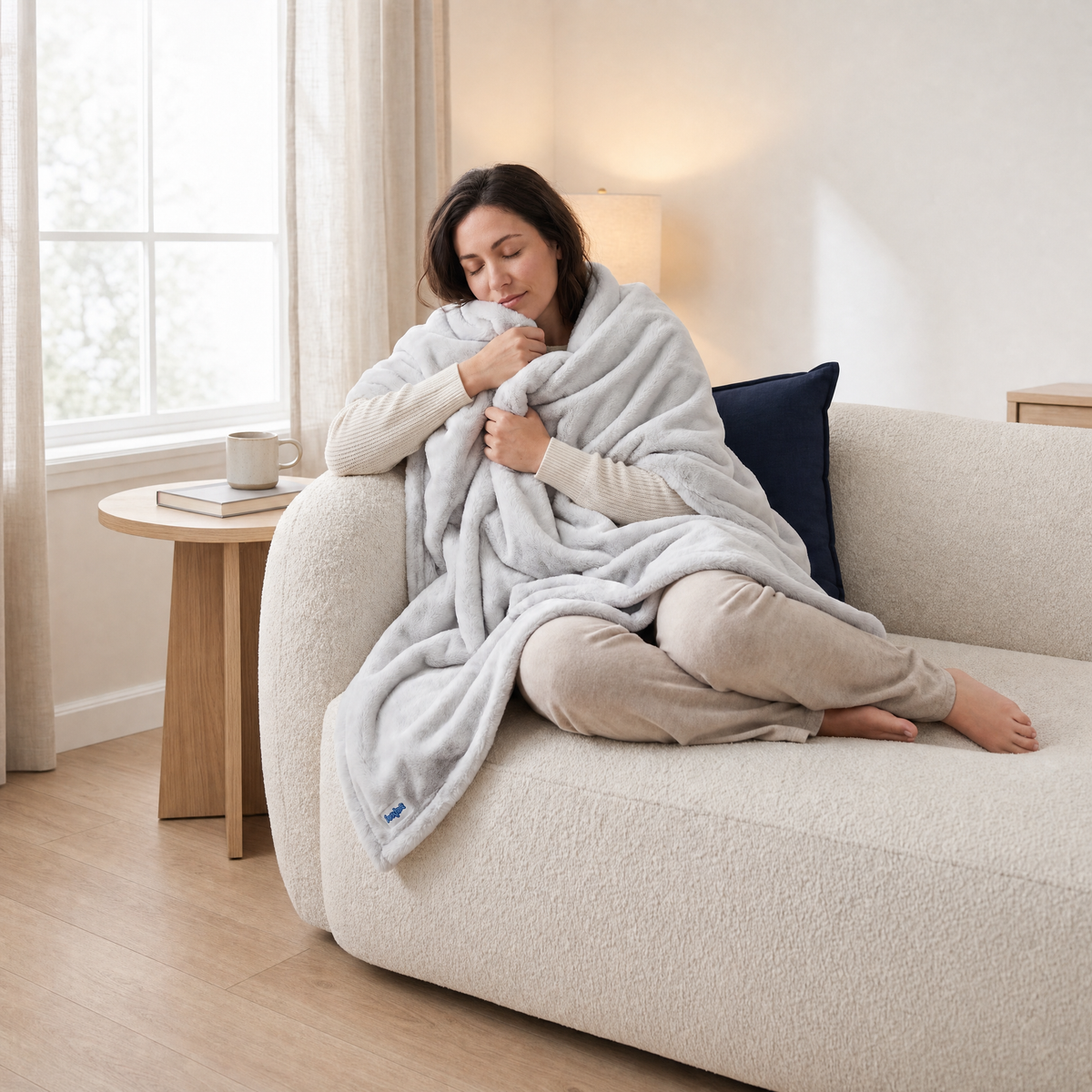 Woman wrapped in a Slanket Rogue plush throw in Ghost light gray on a couch