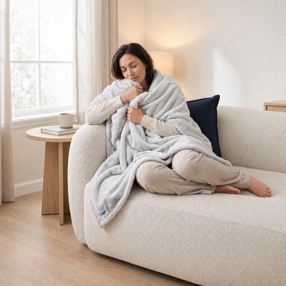 Woman wrapped in a Slanket Rogue plush throw in Ghost light gray on a couch