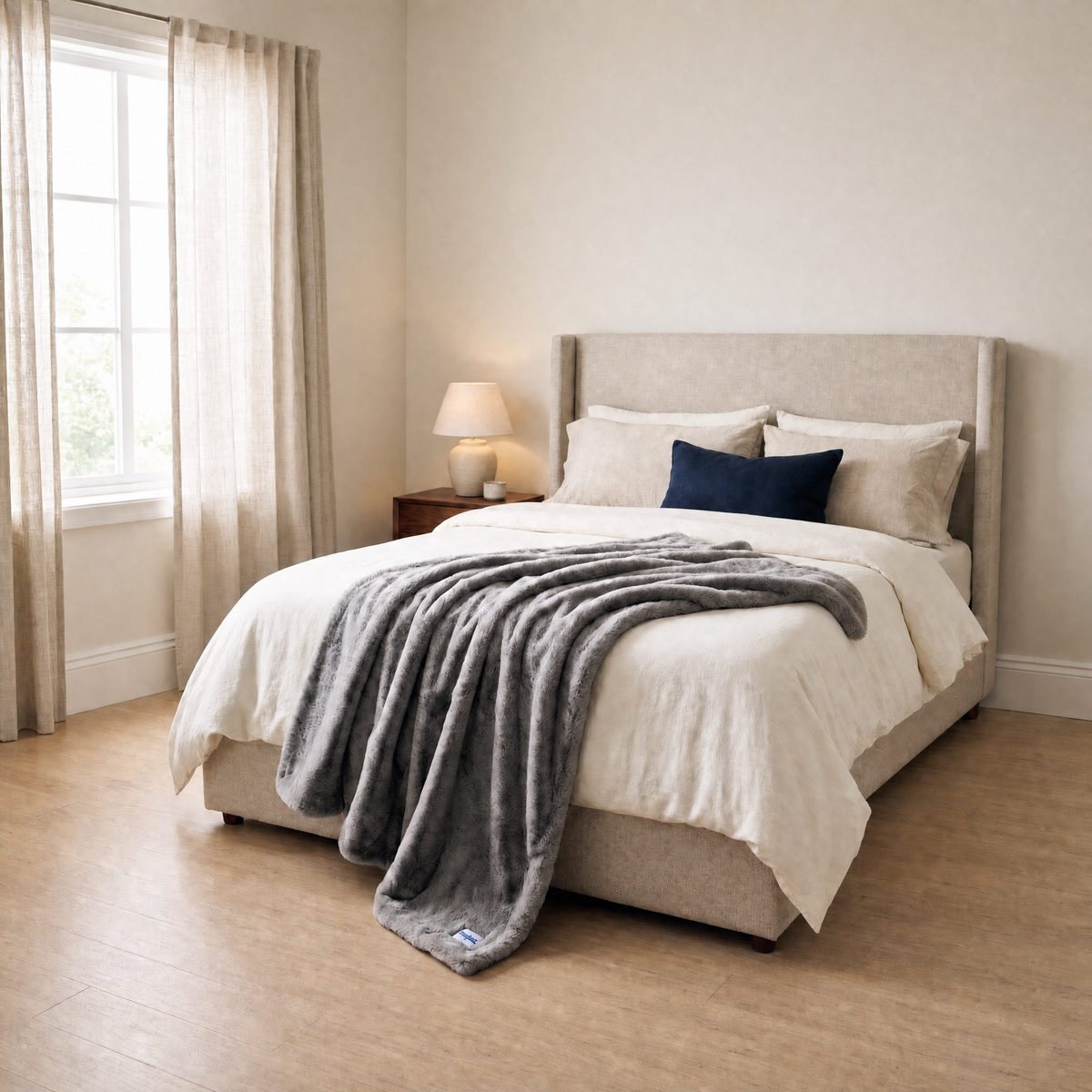 Slanket Rogue plush throw in Shadow gray folded across the foot of a made bed