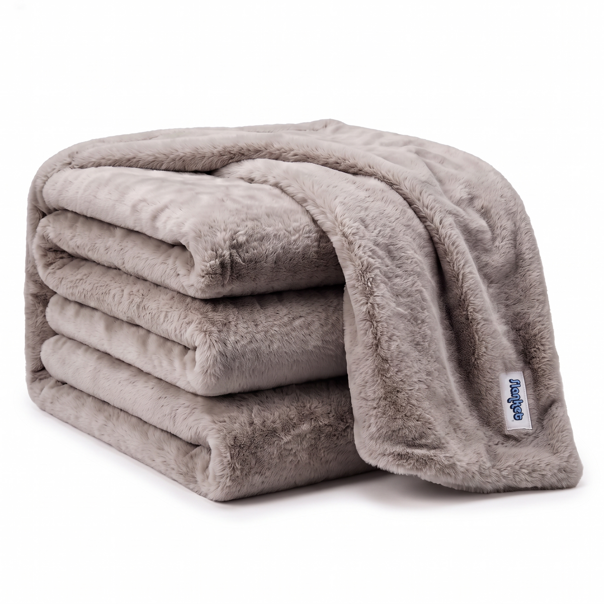 Slanket Rogue plush throw in Shadow gray folded in a stack with the blue logo label showing