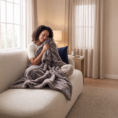Woman hugging a Slanket Rogue plush throw in Shadow gray on a chaise