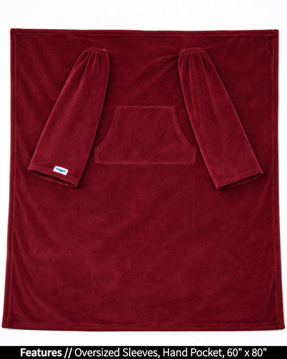 Ruby Wine Slanket laid flat, front view, with callouts for oversized sleeves and hand pocket, 60 x 80 in